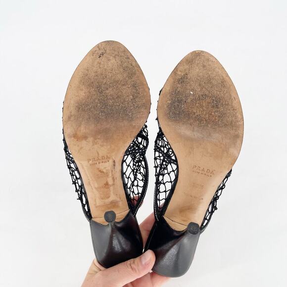 Prada Vintage Black Fishnet Bow Detail Retro Mule Slide Sandal Heel size IT 38.5 - Picture 11 of 11